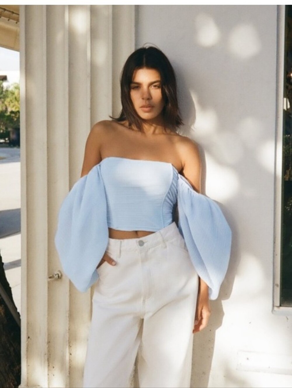 Zara Light Blue Pleated Puff-Sleeve Crop Top Beautiful - Picture 3 of 8